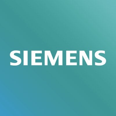 Siemens logo on teal gradient background, industrial technology branding.