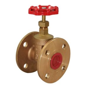 Industrial bronze valve with flange and red handwheel for water systems.